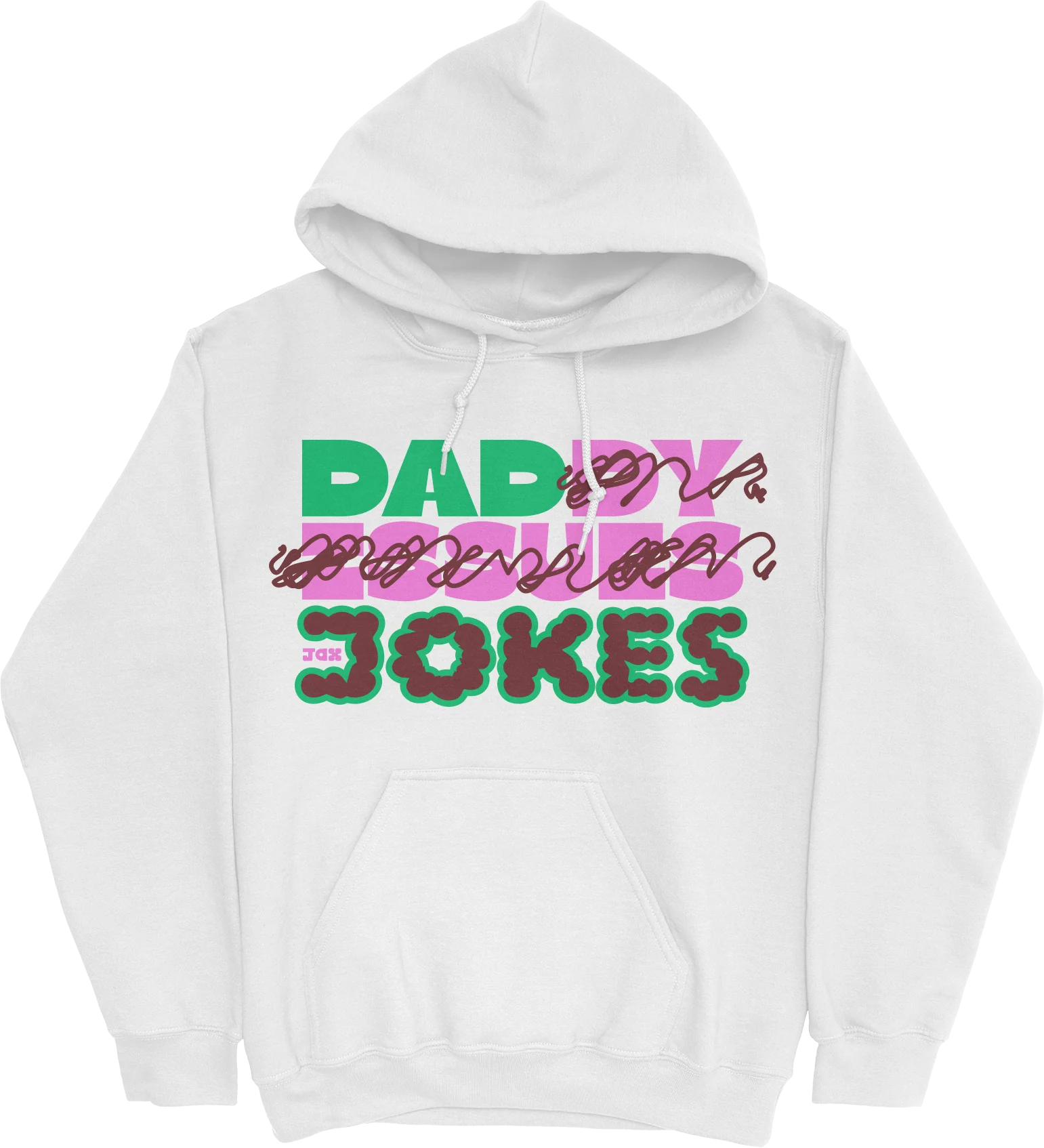 Jax Dad Jokes Hoodie in White with Pink and Green Graphic