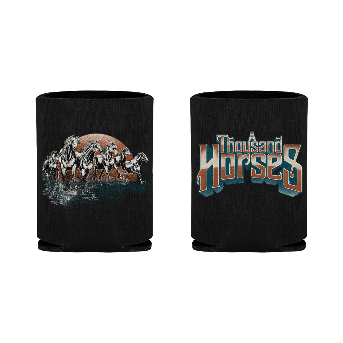 A Thousand Horses Running Chrome Horse Koozie in Black