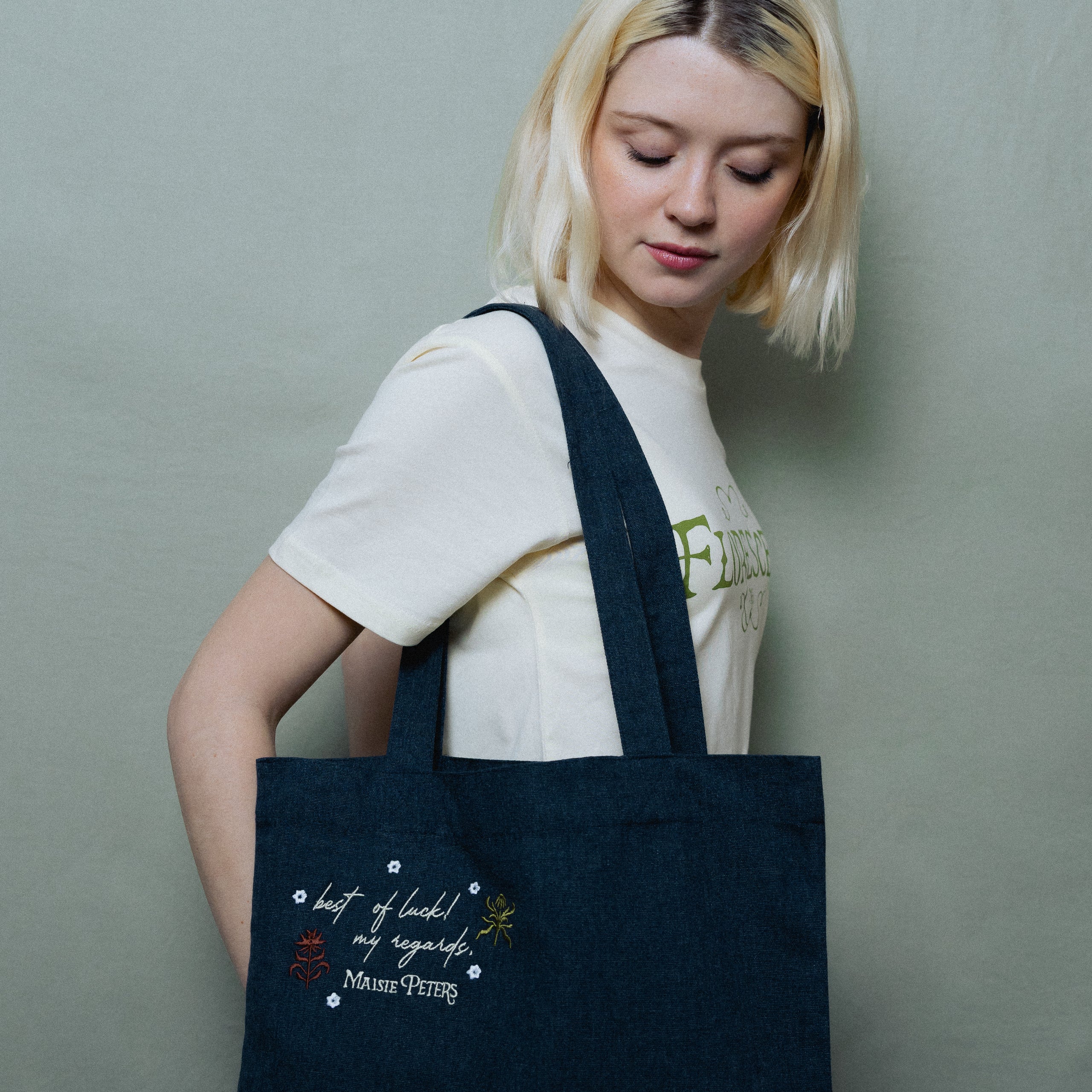 Maisie Peters Florescence Tote Bag in Navy Blue Denim Look