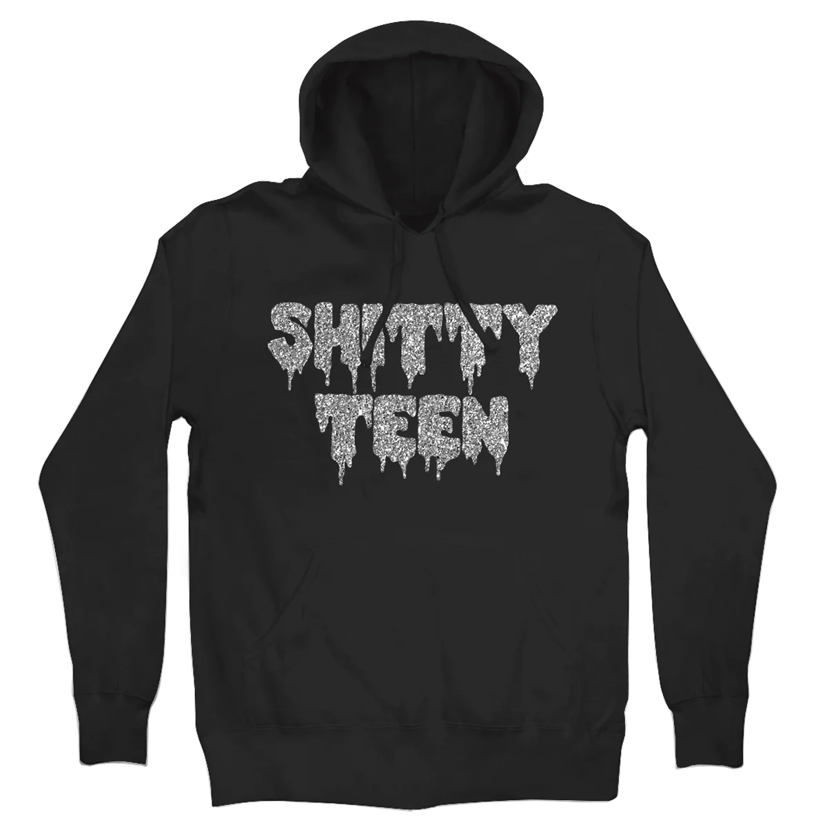 Shitty Teen 黑色套头连帽卫衣（银色闪粉印花）