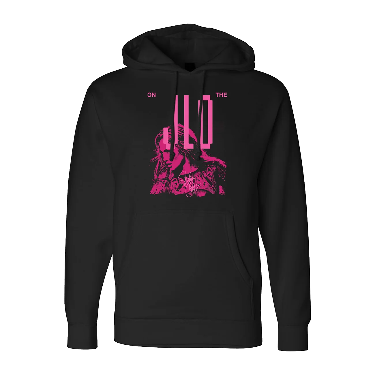 Jennifer Lopez On The JLO Black Hoodie with Pink JLO Graphic