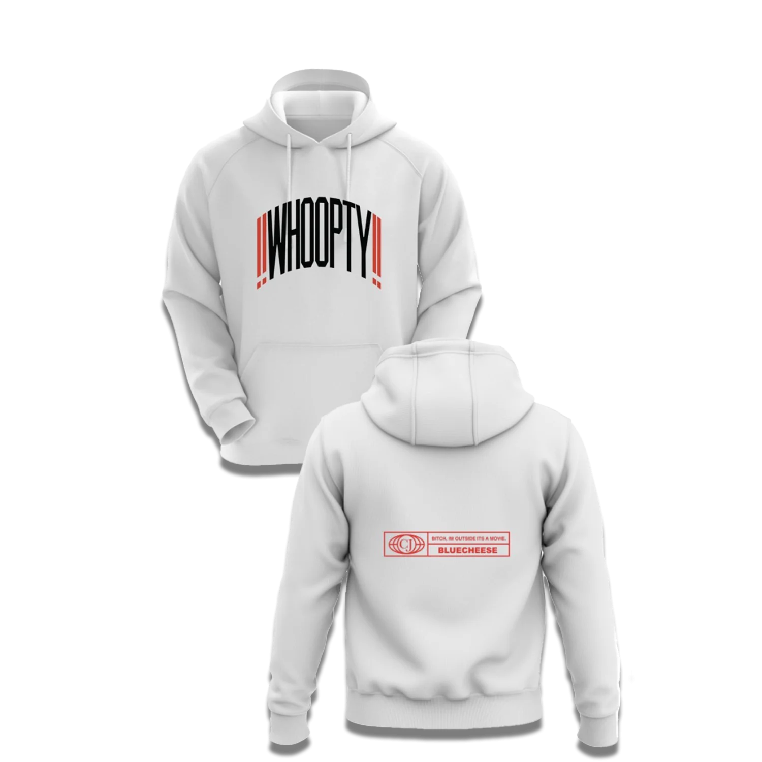 Whoopty White Pullover Hoodie with Front and Back Print