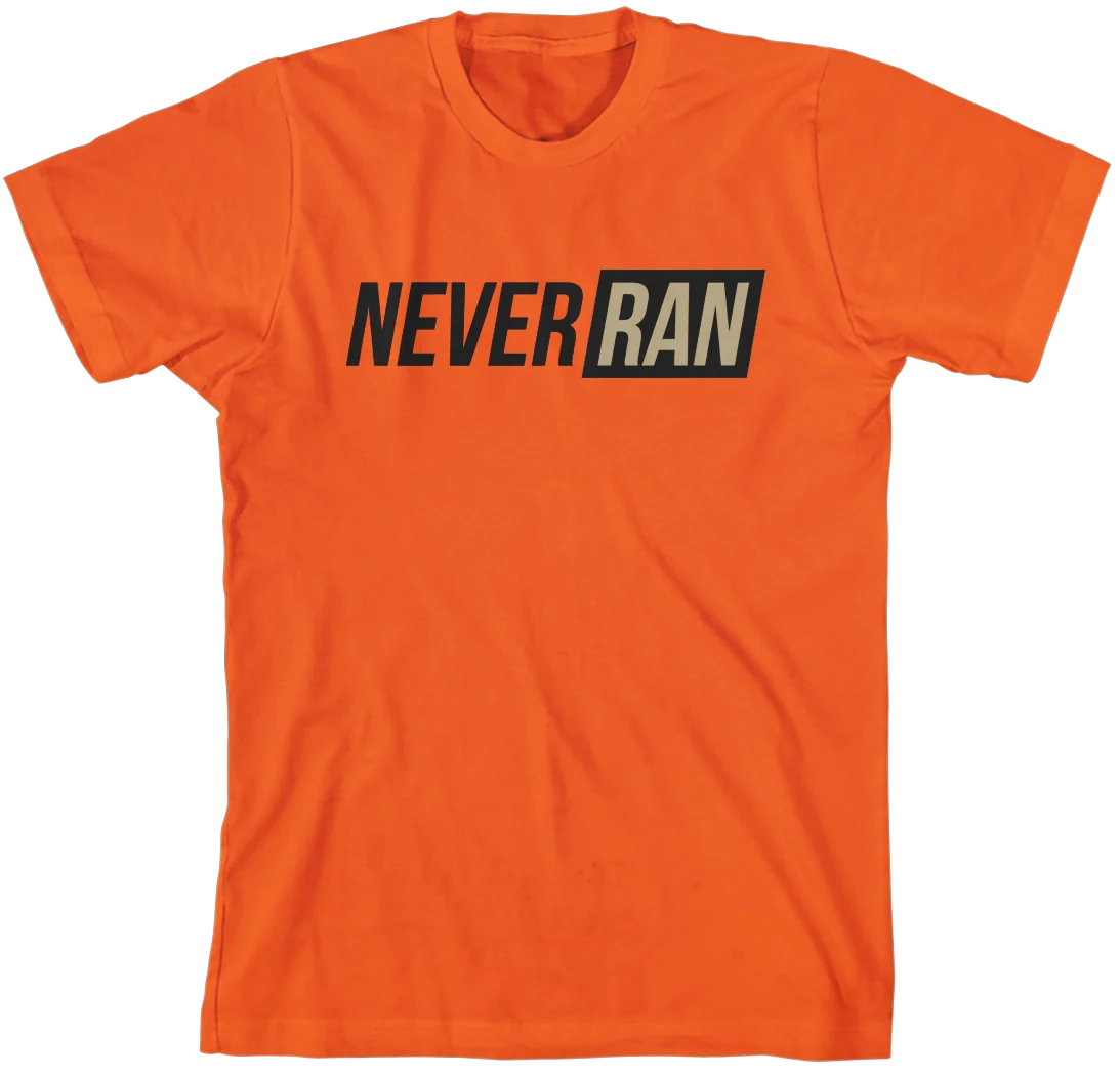Never Ran Orange T-Shirt with Never Ran Front Graphic